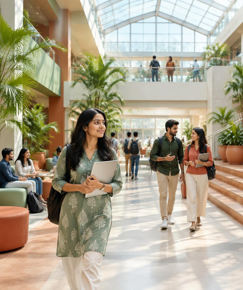Students and professionals walking through a bright, modern atrium